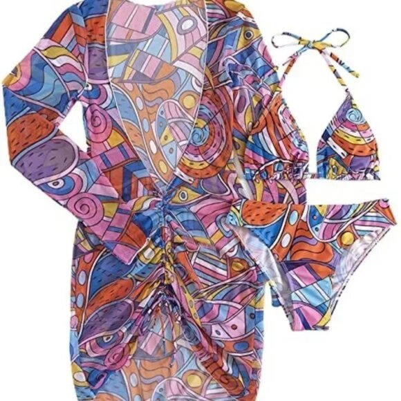 SOLY HUX 3 piece Printed Triangle Halter Bikini Bathing Suit cover up set MED - Picture 2 of 4